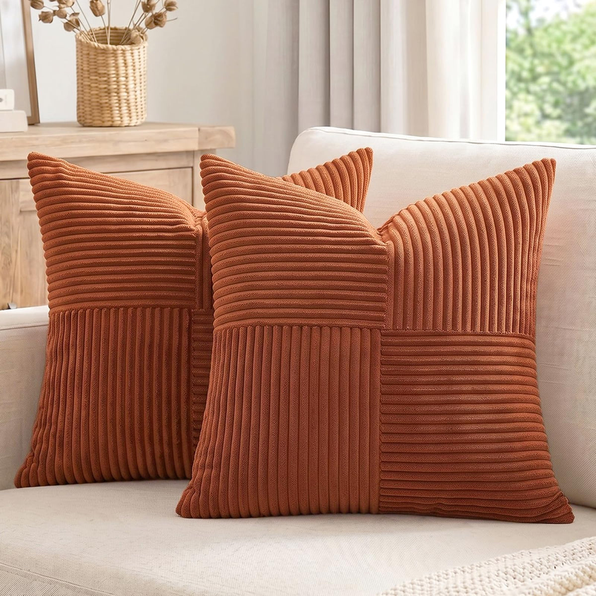 Fancy Homi 2 Packs Tan Decorative Throw Pillow Covers 18x18 Inch for Living Room Couch Bed, Rustic Farmhouse Boho Home Decor, Soft Corss Corduroy Patchwork Textured Square Beige Cushion Case 45x45 cm