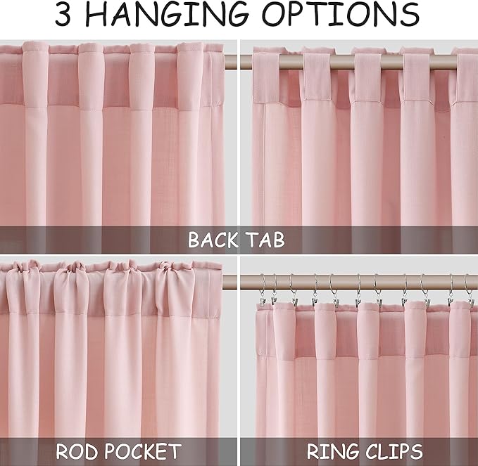 Nanspring Pink Linen Curtains 102 Inches Long Rod Pocket Back Tab Drapes 2 Panels Set for Kids Light Filtering Semi Sheer Pink Curtain 102 Length for Patio Door Bedroom 52x102