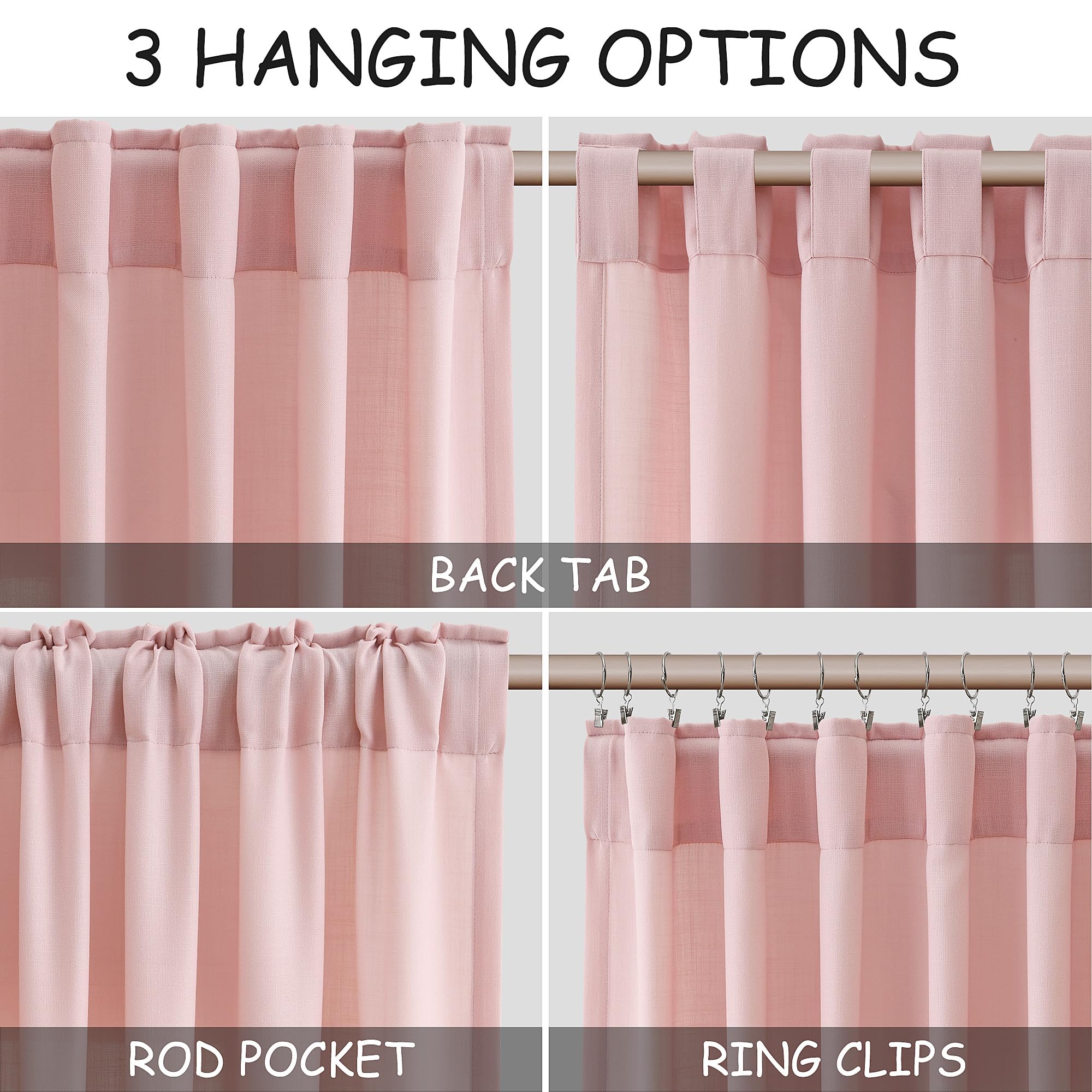 Pink Curtains 63 Inches Long 2 Panel Sets for Baby Girl Bedroom Light Filtering Linen Drapes for Kitchen Windows Rod Pocket Back Tab Short See Through Curtain Home Decor 52x63