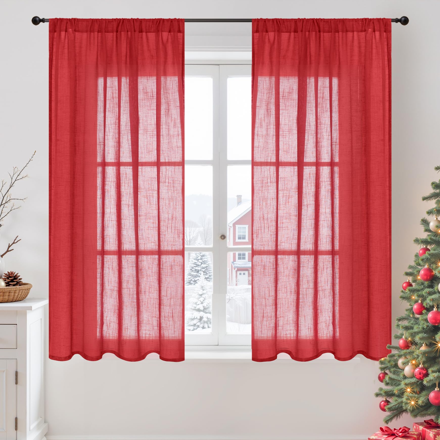 BGment Red Linen Curtains 54 Inch Length for Bedroom Window, Semi Sheer Drapes Lightweight Rustic Textured for Living Room Farmhouse with Rod Pocket, 2 Panels Set, Each 42 Inch Wide
