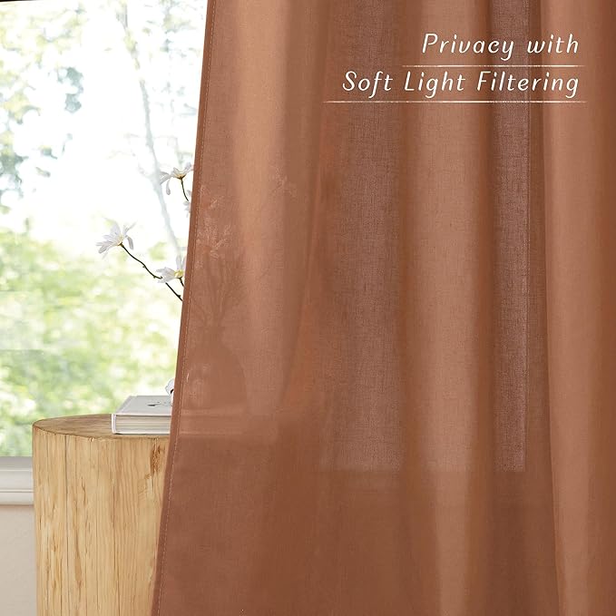 NICETOWN Caramel Linen Curtains for Kitchen, Thick Flax Small Window Treatments Semi Sheer Privacy Assured with Light Through for Cafe/Bathroom, W34 x L36, 2 Panels