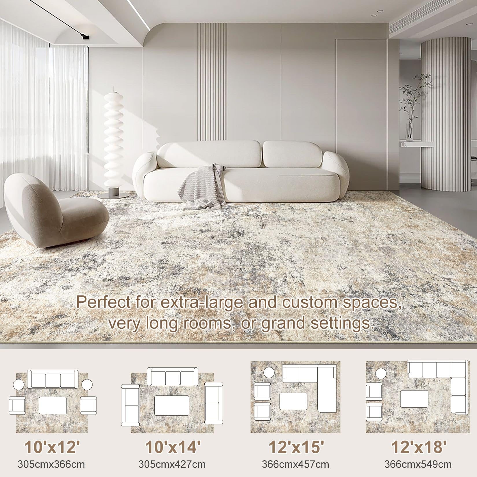 UERMEI 10x12 Area Rug Living Room Rugs - Washable Neutral Modern Abstract Soft Thin Large Rug Indoor Floor No Slip Rug Carpet for Bedroom Under Dining Table Home Office Decor - Golden Grey