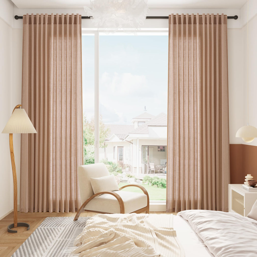 Nanspring Peach Linen Curtains 102 Inches Long Rod Pocket Back Tab Drapes 2 Panels Set for Girl Kids Bedroom Light Filtering Semi Sheer Peach Curtain 102 Length for Patio Door Bedroom 52x102