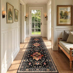 Area Rugs 3'x9' Runner Rug Non Slip Washable for Kitchen Hallway Bedroom Beside Laundry Room Bathroom Rug, Floor Carpet, Black Colorful Floral Dark Tan