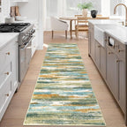 Lansny Modern Abstract Runner Rug 3x8, Green Mustard Multi Washable Kitchen Runner Non-Slip Soft Hallway Rug Runner Thin Print Faux Wool Carpet for Entryway Bedroom Laundry Room Indoor Home Office
