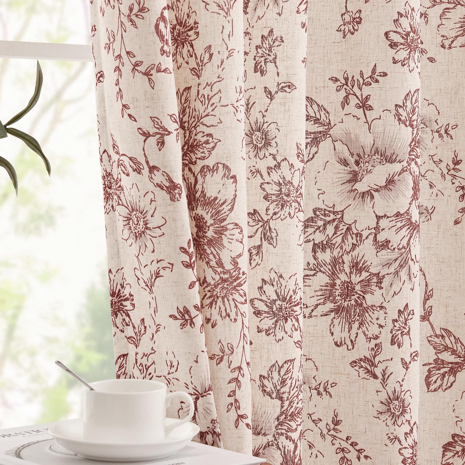 jinchan Red Floral Linen Light Filtering Curtains for Living Room 96 Inches Long