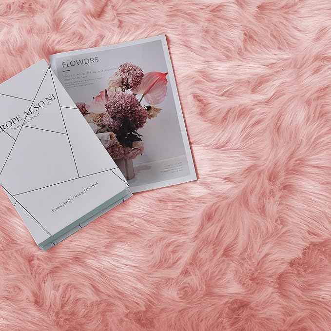 Goolela Pink Fluffy Fuzzy Furry Runner Rug 2X6 Light Pink Faux Sheepskin Fur Rug for Girls Bedroom Bedside Rug Plush Shaggy Washable Rectangle