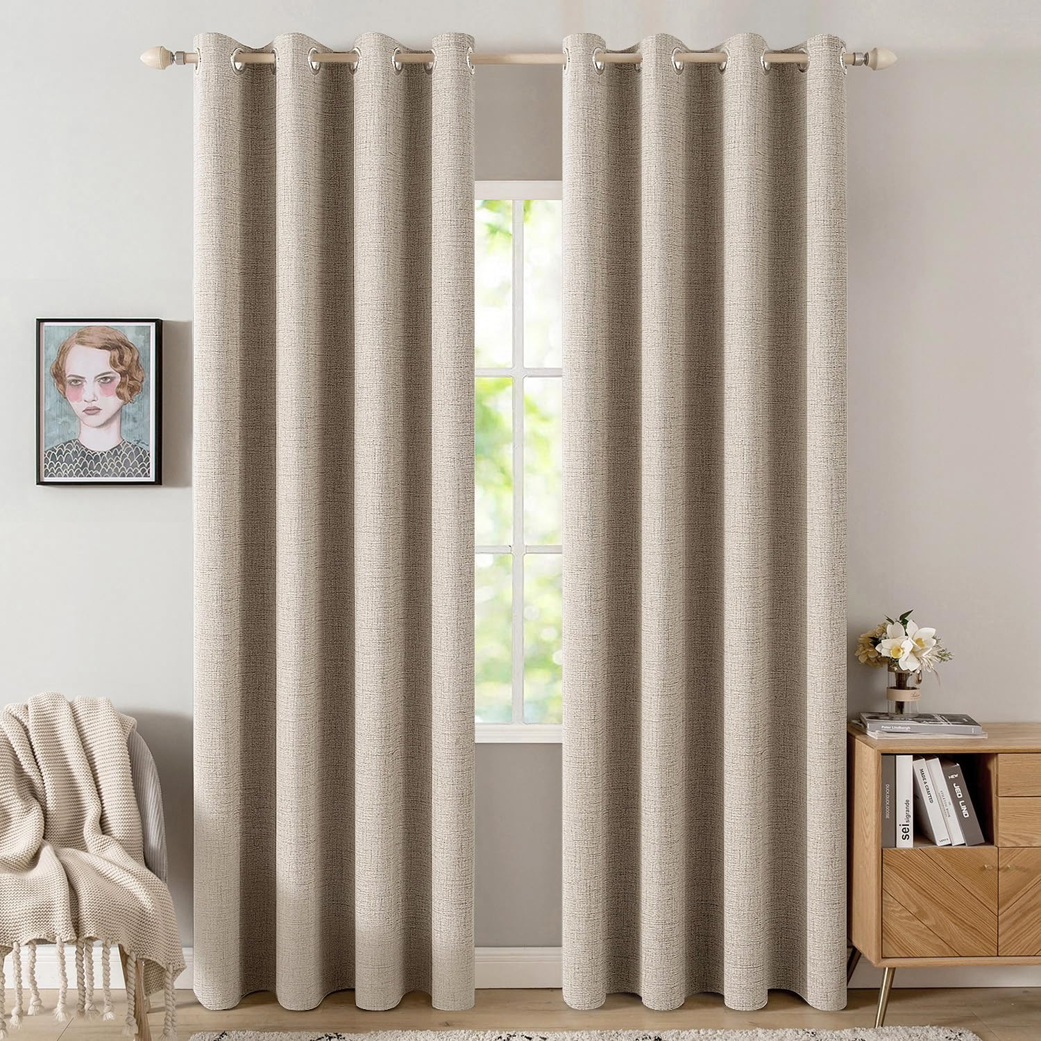 MIULEE 100% Blackout Linen Curtains for Bedroom 52x84 Inches Taupe