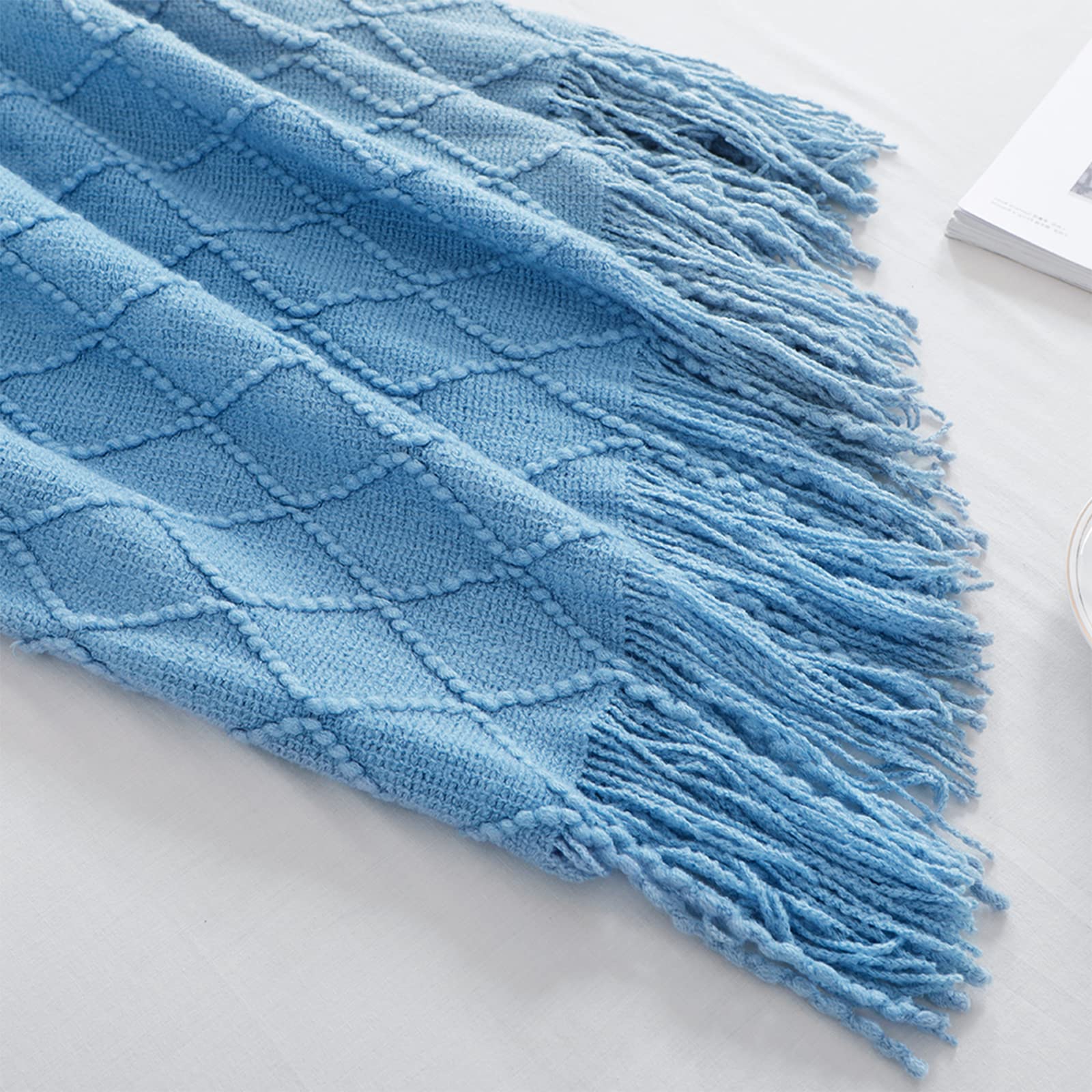 BOURINA Blue Throw Blanket 50x60 Inch Boho Knitted Soft Throw Sofa Blanket