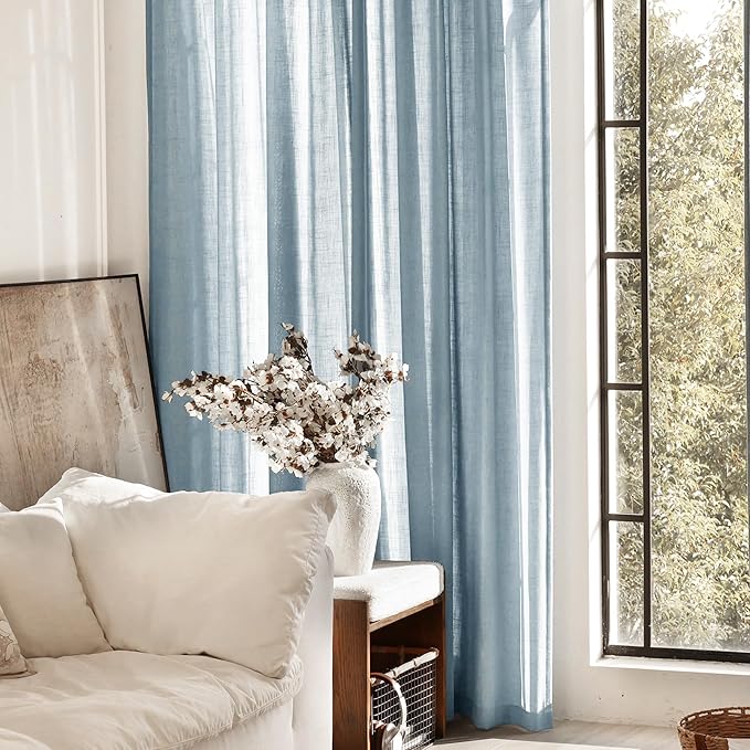 Dusty Blue Linen Curtains for Living Room Back Tab Light Filtering Semi Sheer Light Blue Bedroom Curtains Linen Cotton Textured Grey Blue Drapery Panel Airy Modern Farmhouse Aesthetic Decor 52x96 Long