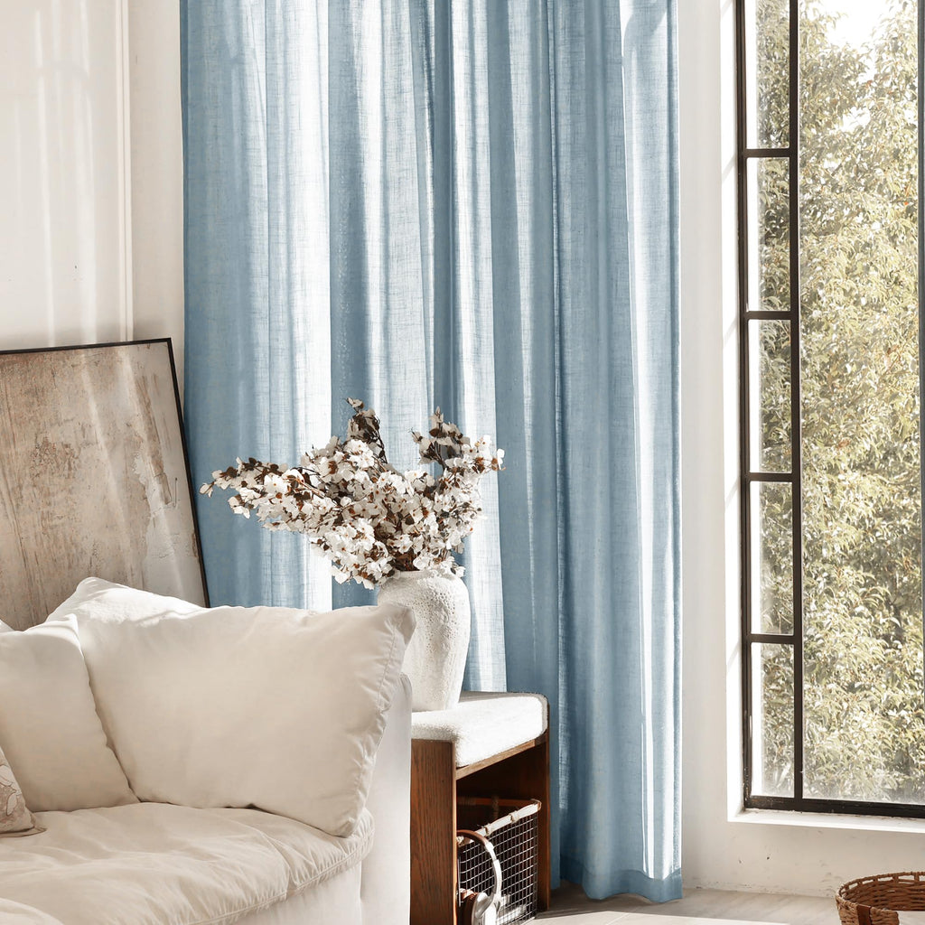 Dusty Blue Linen Curtains for Living Room Back Tab Light Filtering Semi Sheer Light Blue Bedroom Curtains Linen Cotton Textured Grey Blue Drapery Panel Airy Modern Farmhouse Aesthetic Decor 52x96 Long