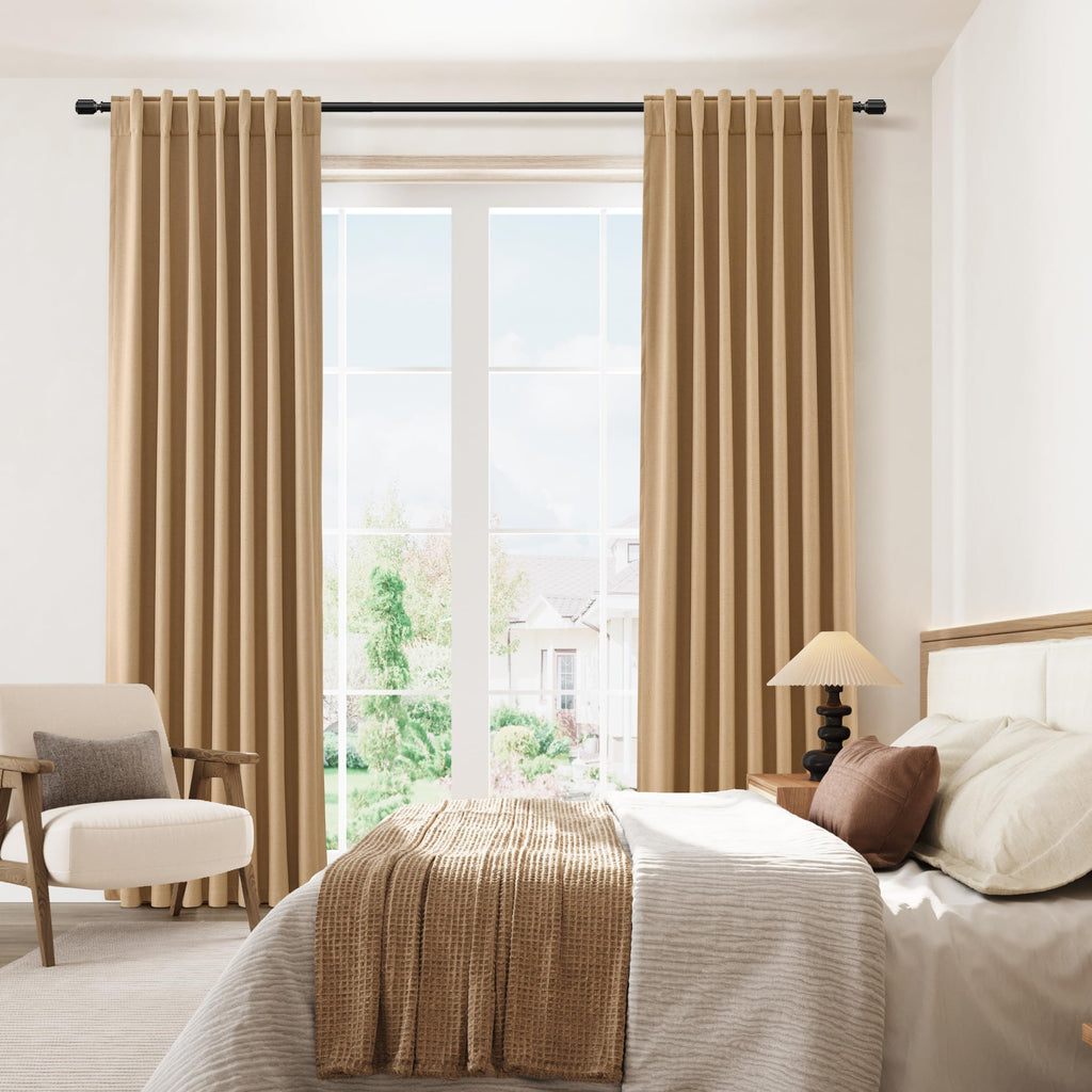 Guken 100% Blackout Linen Curtains 84 Inch Length 2 Panels Set for Living Room Bedroom Back Tab Thermal Insulated Black Out Linen Drapes Room Darkening Window Curtains 84 Inches Long,Camel Brown