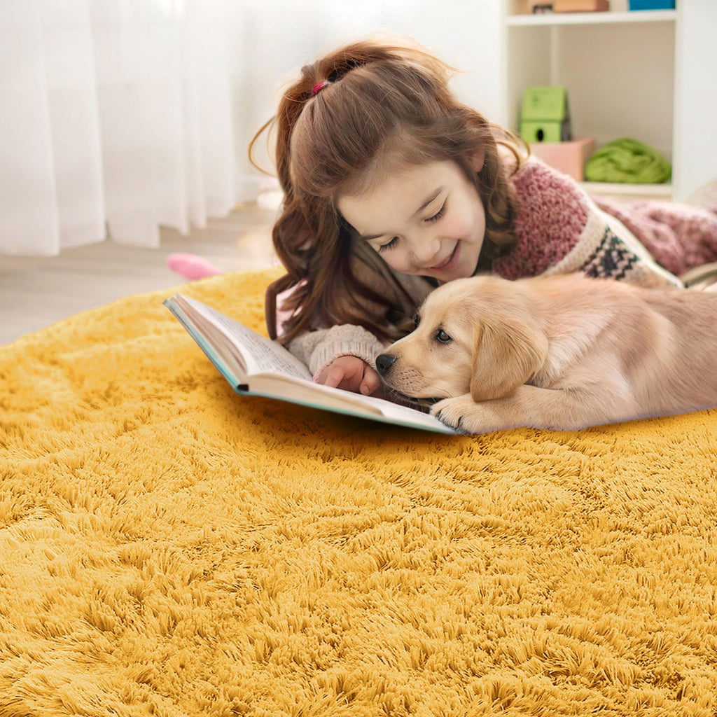 OLANLY Mustard Yellow Round Rugs for Bedroom - Machine Washable, 5 ft Circle Area Rugs for Living Room, Soft and Fluffy Shaggy Carpet for Teen Girl and Boys, Nursery Rooms, Dorms, Home Decor Aesthetic