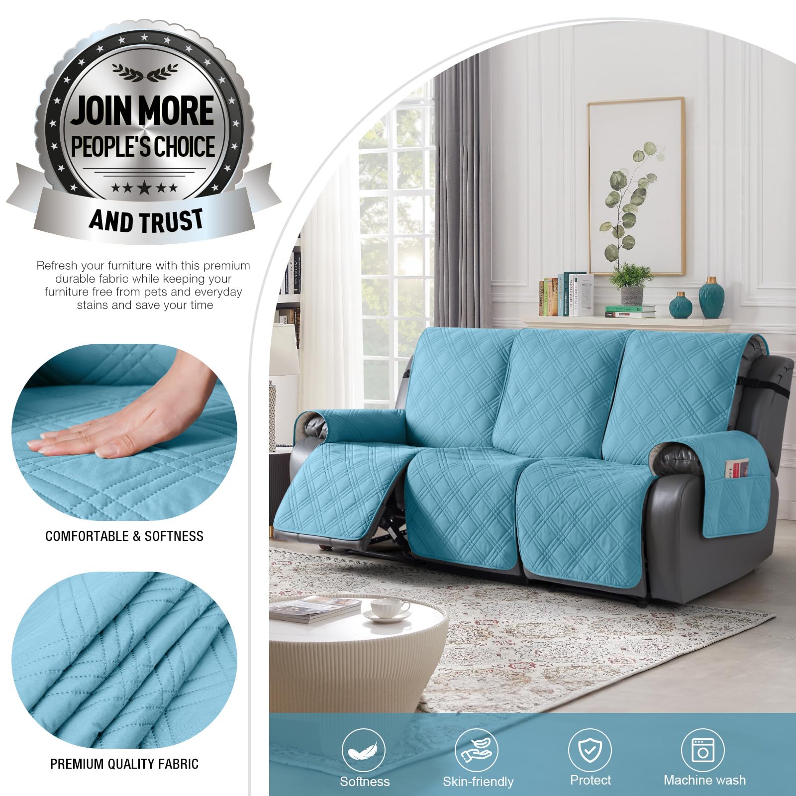 TAOCOCO 100% Waterproof Recliner Sofa Covers 3 Seater Split Couch Covers for 3 Cushion Reclining Couch with Straps, Non Slip Reclining Sofa Covers Furniture Protector for Kids Pets(3 Seater, Sky Blue)