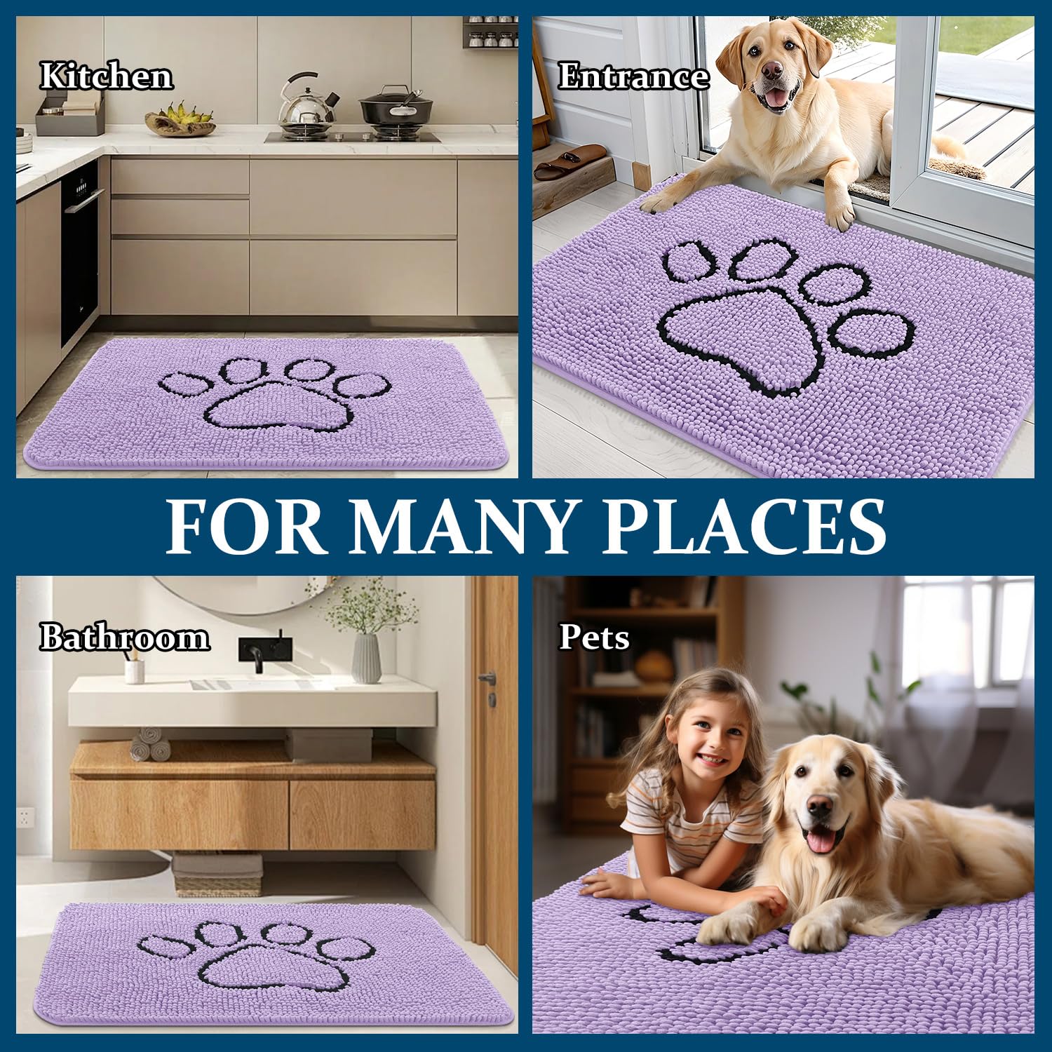 OLANLY Dog Door Mat for Muddy Paws 48x30, Paw Print Design Chenille Mud Mat
