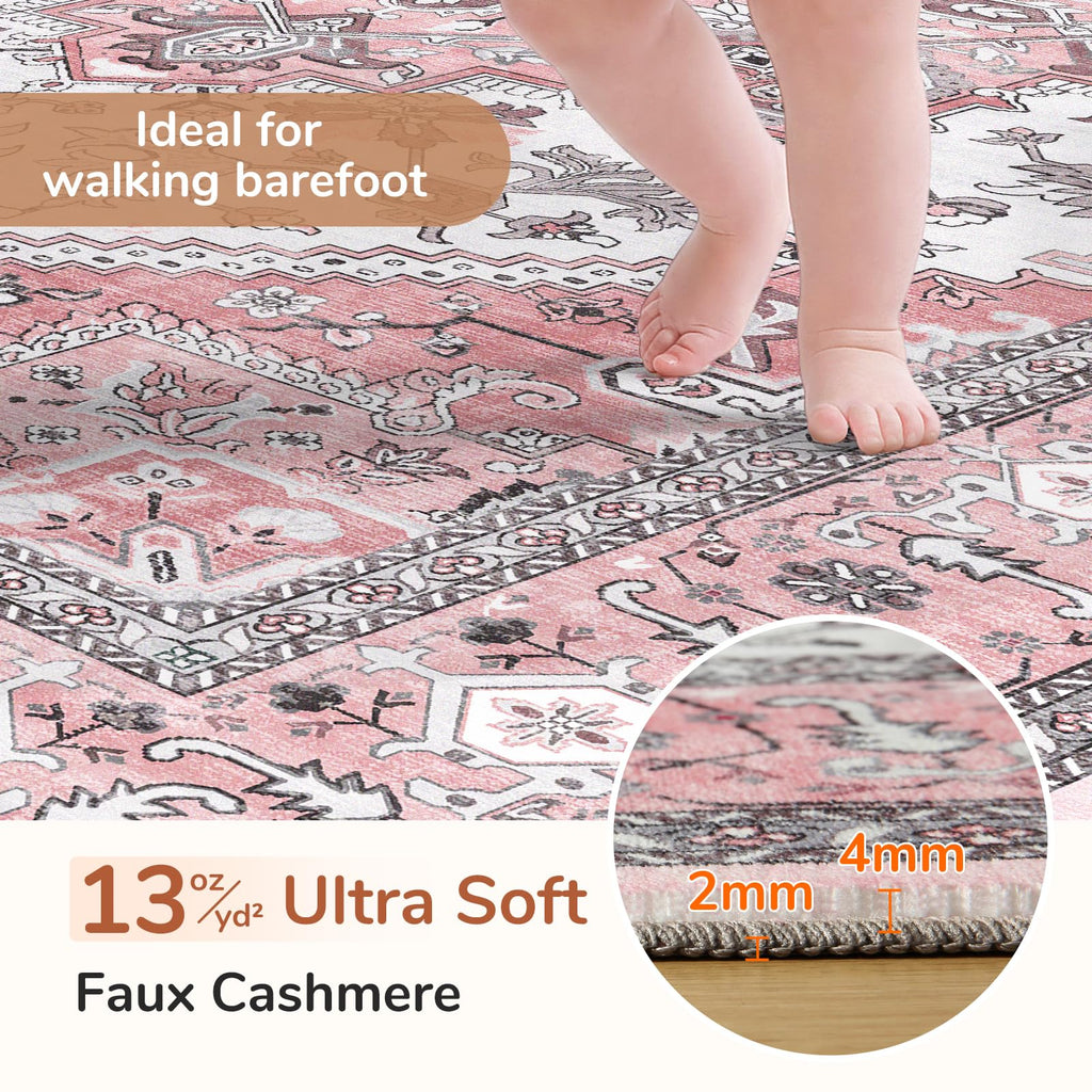 OPPODREAM Soft Area Rugs 4x6, Persian-Inspired Washable Rug, Pink
