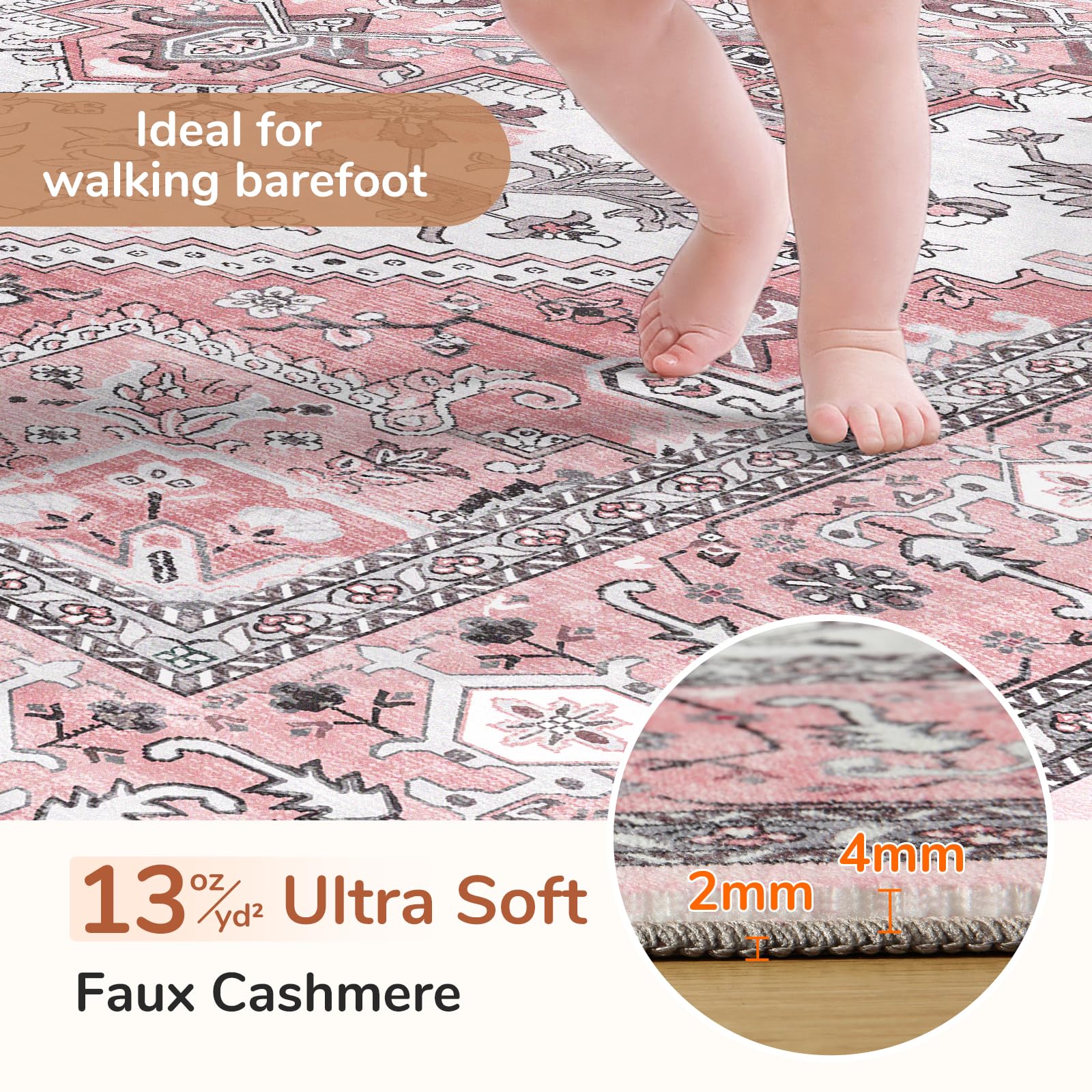 OPPODREAM Soft Area Rugs 4x6, Persian-Inspired Washable Rug, Pink