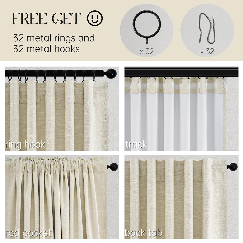 95 Inches Length Cream Colored Custom Blackout Linen Curtains Ivory Cream Pinch Pleated Noise Cancelling Curtains with Pin Hooks for Traverse Burlap Viral Drapes 2 Panels for Living Room Bedroom