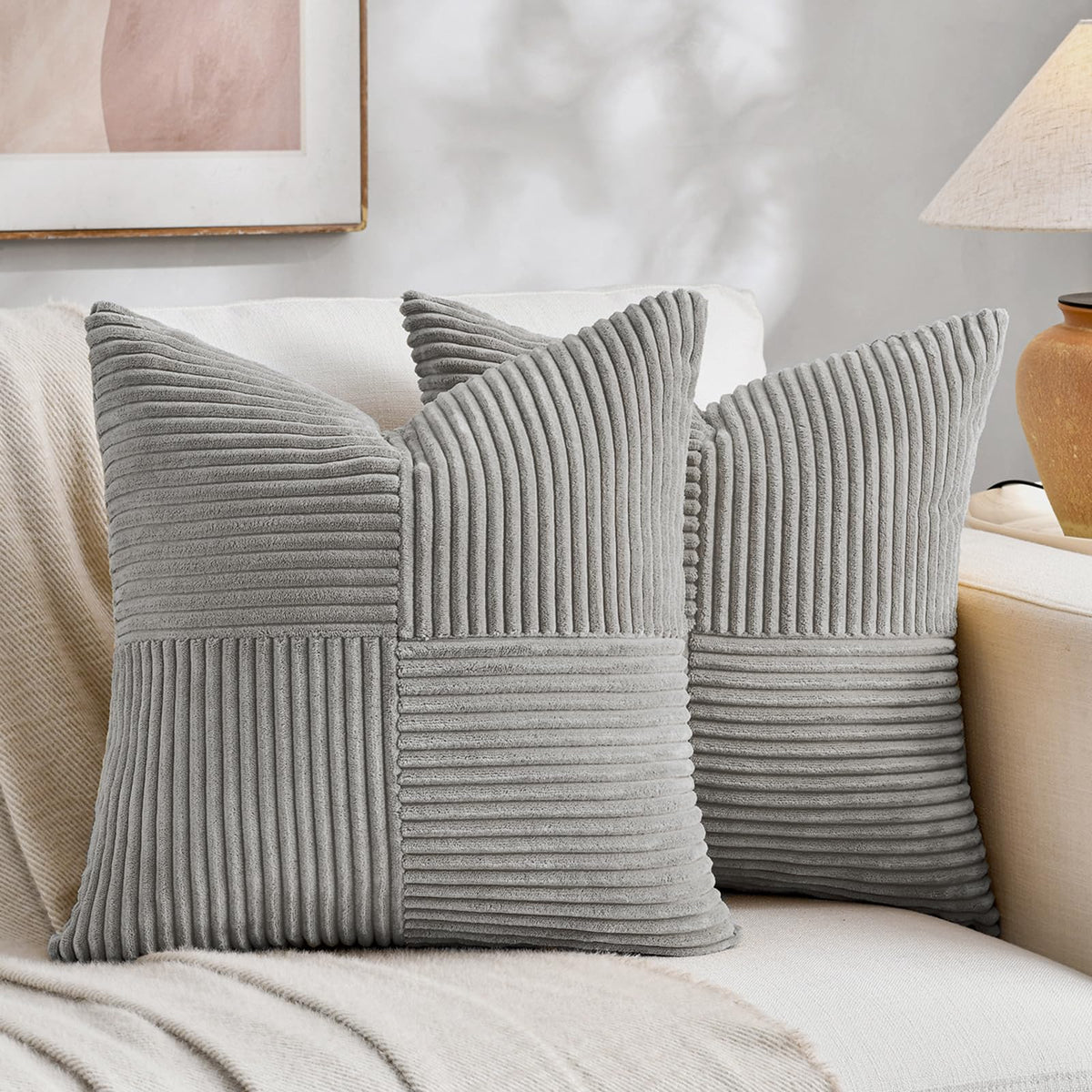 Fancy Homi 2 Packs Tan Decorative Throw Pillow Covers 18x18 Inch for Living Room Couch Bed, Rustic Farmhouse Boho Home Decor, Soft Corss Corduroy Patchwork Textured Square Beige Cushion Case 45x45 cm