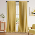 Gold 100% Blackout Linen Curtains 108 Inch Length 2 Panels Set for Living Room Bedroom Back Tab Thermal Insulated 100% Black Out Drapes Room Darkening Farmhouse Style for Bedroom Window Curtains