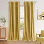 Guken 100% Blackout Curtains 96 Inch Length 2 Panels Set for Living Room Bedroom Back Tab Thermal Insulated Black Out Linen Drapes Room Darkening Window Curtains 96 Inches Long,Gold
