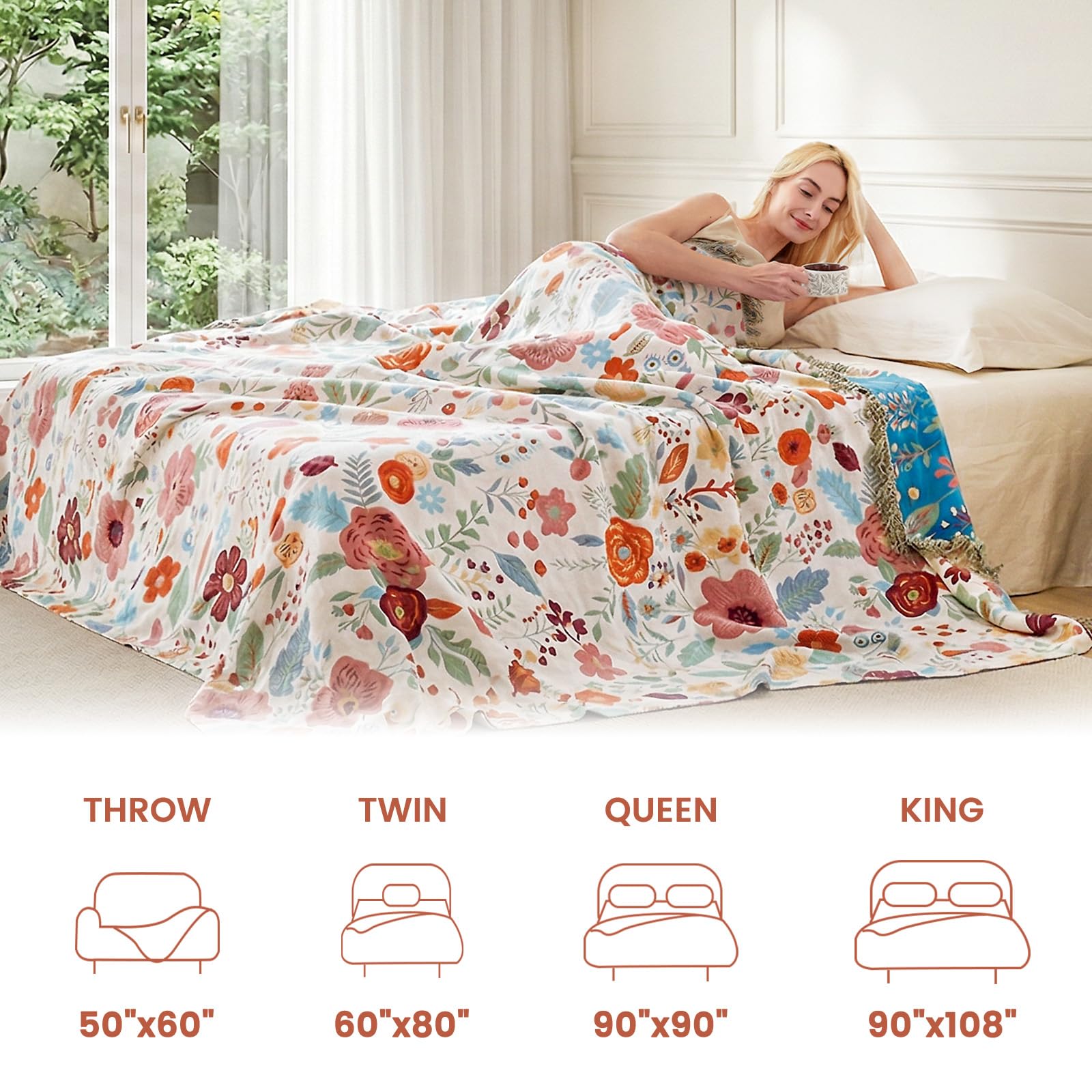 MSGKV Boho Throw Blanket 50"x60" Summer Cotton Floral Blanket for Couch