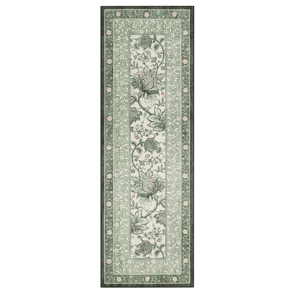 GarveeHome Sage Green 2.5 x 8 Washable Kitchen Runner Rugs Non Slip Provence Vintage Boho Cottage Long Rug for Hallways Bedroom Entryway Bathroom Mat with Rubber Back