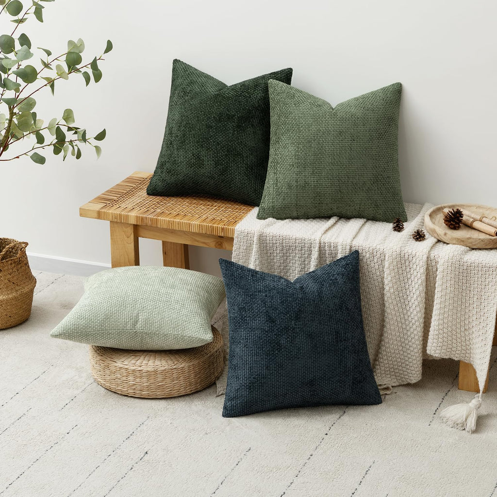 MIULEE Soft Decorative Chenille Pillow Covers Green Navy 20x20 Pack of 4