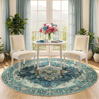 RELEANY Area Rugs 6ft Washable Non-Slip, Floral Vintage Distress Print Pattern Medallion Carpet for Living Room Bedroom Dining Room, Dark Blue Vintage