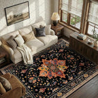Area Rugs 5'x7' Washable Non-Slip, Floral Vintage Distress Print Pattern Medallion Carpet for Living Room Bedroom Dining Room, Black Colorful Floral Dark Tan