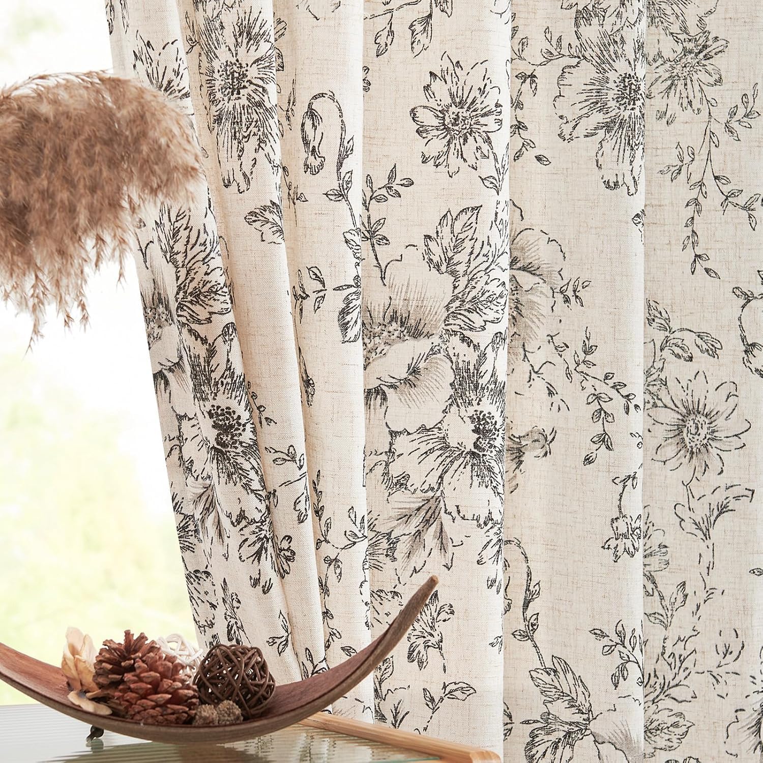 jinchan Vintage Floral Linen Curtains 90 Long for Living Room 2 Panels