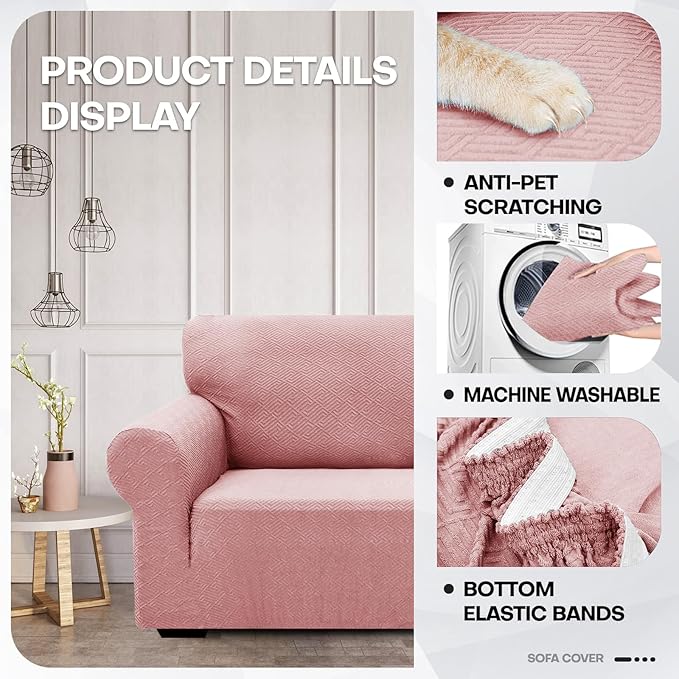 ZNSAYOTX 1 Piece Jacquard Couch Covers for 3 Cushion Couch Living Room High Stretch Sofa Cover Pets Dogs Friendly Anti Slip Thickened Slipcovers Furniture Protector (Large,New Pattern,Rose)