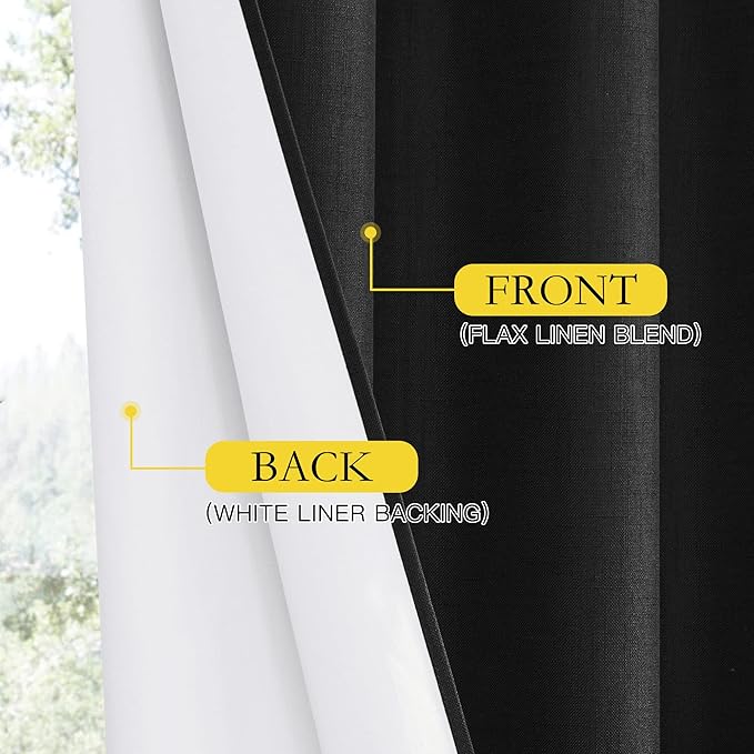 NICETOWN Vintage Open Linen Weave Flax Thermal Curtains, 100% Blackout Curtains 48 inches Long for Dining Room, Soundproof Window Treatment Drapes for Cupboard, Black, 52" Wide Per Panel, Set of 2