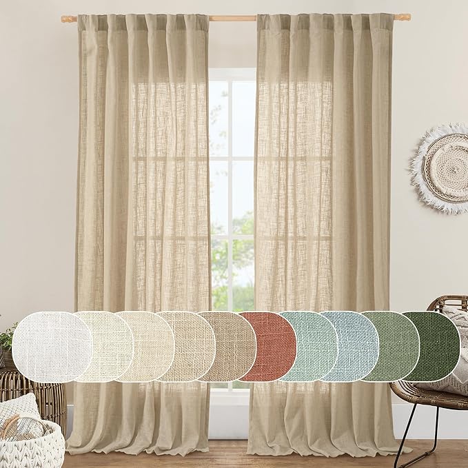 LAMIT Sheer Linen Curtains 96 inches Long 2 Panels Set for Bedroom, Brown