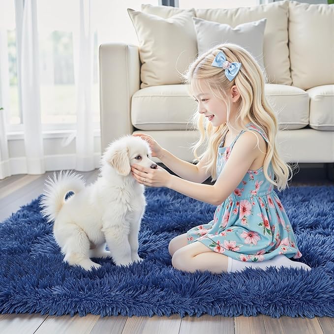 junhejiamei Fluffy Rug Shag Area Rug,Royal Blue 3x5 Area Rugs for Bedroom