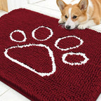 OLANLY Dog Door Mat for Muddy Paws 30x20, Paw Print Design, Absorbs Moisture and Dirt, Absorbent Non-Slip Washable Doormat, Quick Dry Chenille Mud Mat for Dogs, Entry Indoor Entryway Carpet, Red