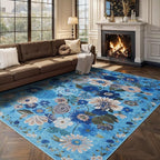 Living Room Rugs, Area Rugs 5x7 Rug for Bedroom Ultra-Thin Soft, Non-Slip Washable Rugs Stain Resistant Boho Rug Low-Pile Throw Rug for ‎Dining Room Office (5 x 7, Blue Garden)