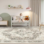 Rugflix 5x7 Area Rugs for Living Room, Machine Washable Rug Non Slip Stain Resistance, Large Rug Vintage Distressed Soft Carpet for Bedroom, Dining Room, Home Office, Beige Grey