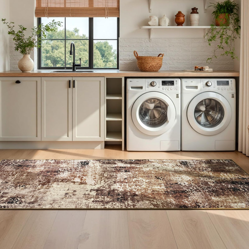 2x6 Brown Rug Runners for Hallways Kitchen Runner Rug Non Slip Washable Coffee Long Runner Rugs with Rubber Backing Soft Abstract Carpet Runner for Bedroom, Kitchen, Bathroom, Entryway