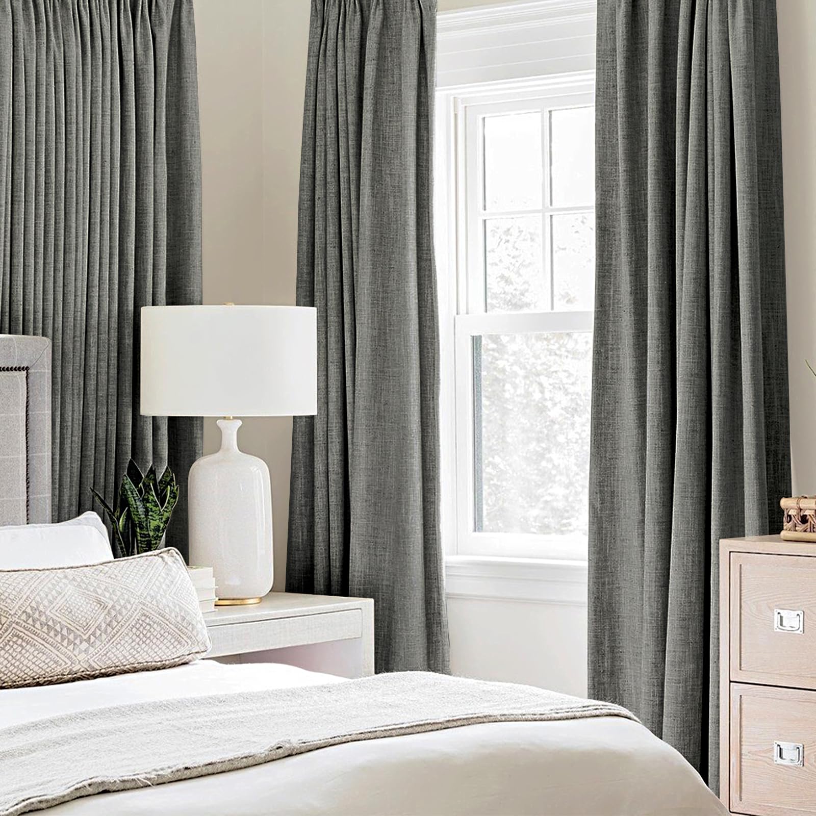 MIULEE 100% Blackout Linen Curtains for Bedroom 52x120 Inches Dark Grey
