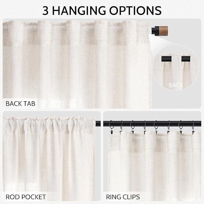 Ivory White Linen Curtains for Living Room 126 Inches Long Light Filtering Semi Sheer Curtain Back Tab Neutral Modern Farmhouse Decor Drapes Floor to Ceiling High Window for Bedroom 52x126, 2 Panels