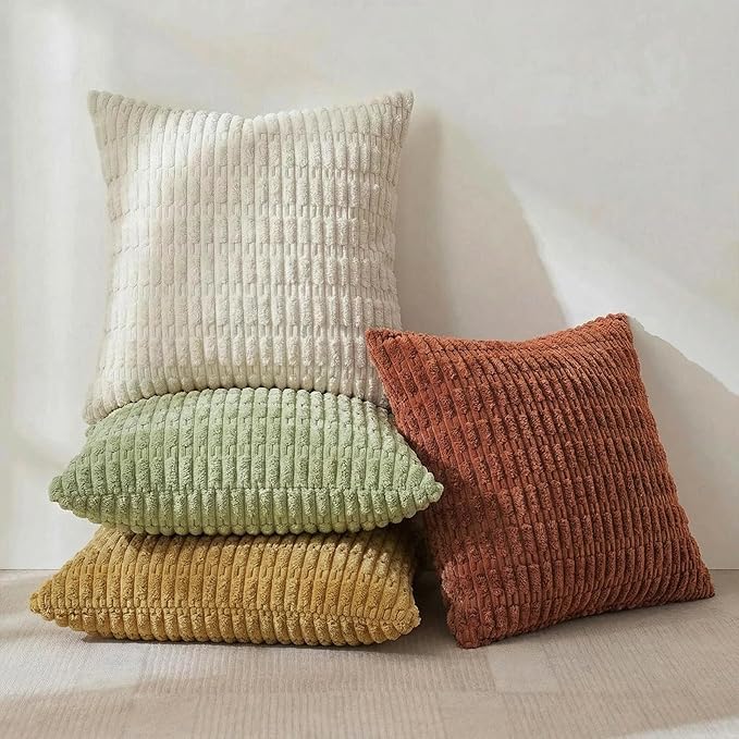Fancy Homi 4 Packs Boho Fall Decorative Throw Pillow Covers 22x22 Inch for Living Room Couch Bed Sofa, Rustic Farmhouse Home Decor, Soft Plush Striped Corduroy Colorful Square Cushion Case 55x55 cm