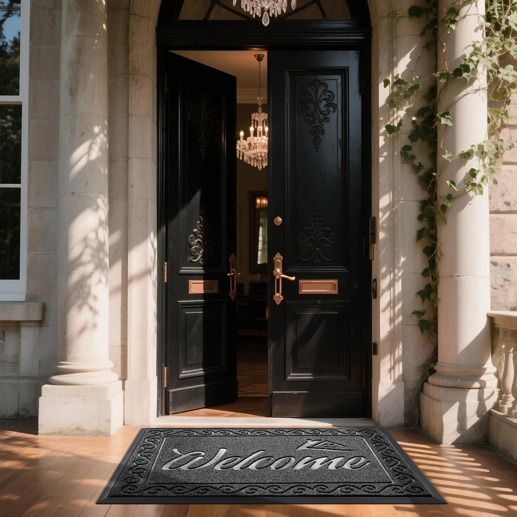 Yimobra Welcome Mat, Heavy Duty Sturdy Door Mats for Home Entrance Outdoor Indoor, Front Doormat for Outside Patio Floor Entry Porch Garage Office, Waterproof, Low Profile, 60 x 36, Black Grey