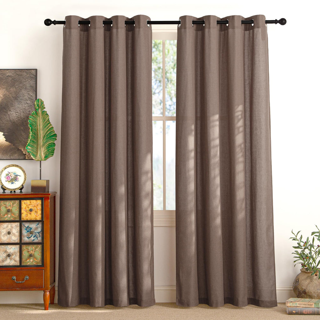 NICETOWN Linen Brown Curtains 84 inch Long, Grommet Privacy Added Thick Flax Window Treatments with Light Filtering Drapes for Bedroom/Farmhouse, W55 x L84, 2 Panels