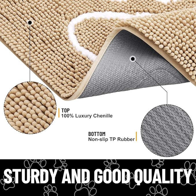 Smiry Dog Door Mat for Muddy Paws, Absorbent Dirt Trapper Non Slip Quick Dry Washable Chenille Mat for Mud Dogs, Entry Rug for Indoor and Outdoor (70x35 Inches, Beige and White)