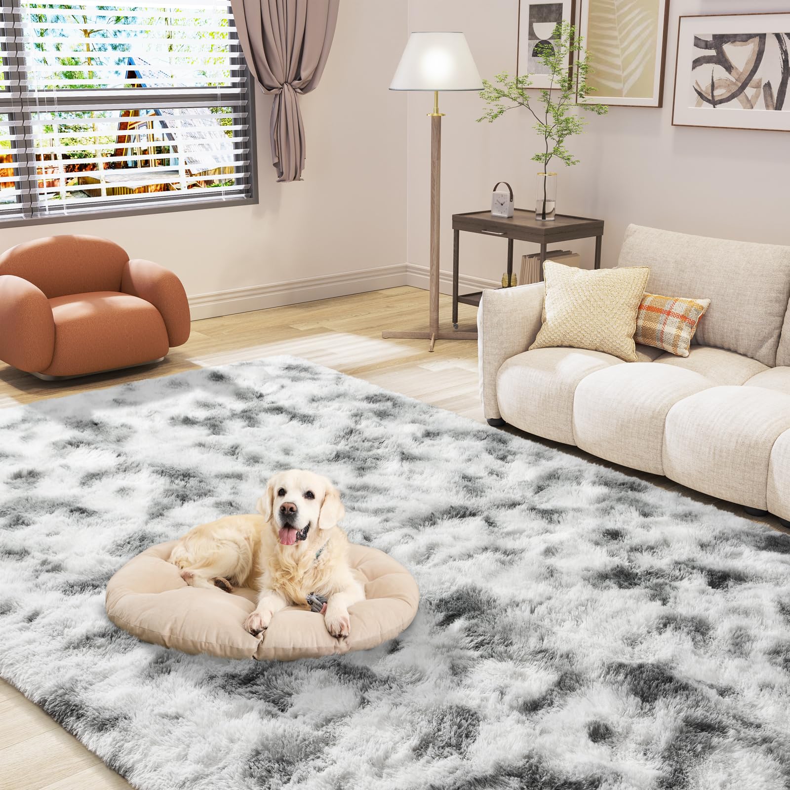 LOCHAS 8x10 Area Rugs Fluffy Living Room Bedroom Rug, Tie-Dyed Grey & White