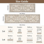 Yamaziot Washable Runner Rug 2x6 – Non Slip Boho Floral Hallway Runner Rug with Rubber Backing, Low Pile Faux Wool Distressed Carpet for Kitchen, Laundry, Bedroom, Entrance, Brown