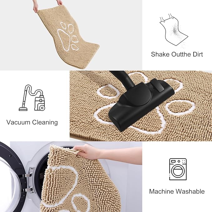 Smiry Dog Door Mat for Muddy Paws, Absorbent Dirt Trapper Non Slip Quick Dry Washable Chenille Mat for Mud Dogs, Entry Rug for Indoor and Outdoor (59x24 Inches, Beige and White)