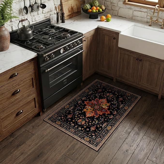 Area Rugs 2'6''x4' Kitchen Rugs Entry Rug Small Rugs for Entryway Kitchen Bathroom Door Mat Indoor Entrance,Washable Non Slip, Black Colorful Floral Dark Tan