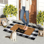UINI Door Mat Combo Set, 28" x 43" Plaid Mat +17" x 30" Black Cat with Green Eyes Doormat, 2 PCS Welcome Mat Set for Front Door, Entrance, Porch Decor, Non-Slip